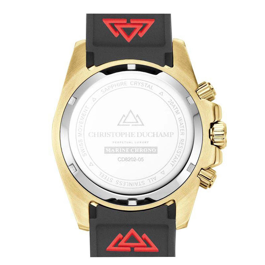 CHRISTOPHE DUCHAMP Marine Chrono Rubber Quartz 20ATM WR Black Dial & Gold Case Mens Watch with Black Rubber Strap