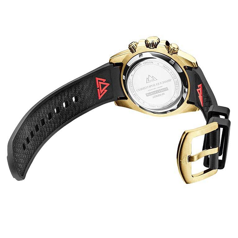 CHRISTOPHE DUCHAMP Marine Chrono Rubber Quartz 20ATM WR Black Dial & Gold Case Mens Watch with Black Rubber Strap