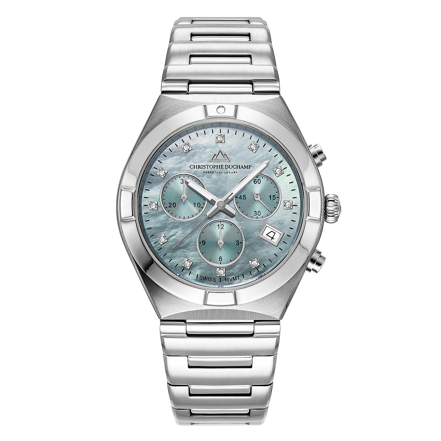 Christophe Duchamp DOrsay Quartz Ronda 5030.d Chronograph 5ATM Ladies Watch with Diamond Sky Blue Dial and Silver Stainless Steel Chain Strap