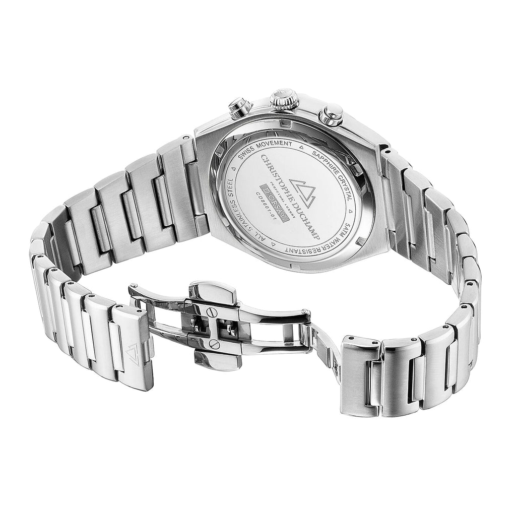 Christophe Duchamp DOrsay Quartz Ronda 5030.d Chronograph 5ATM Ladies Watch with Diamond Sky Blue Dial and Silver Stainless Steel Chain Strap