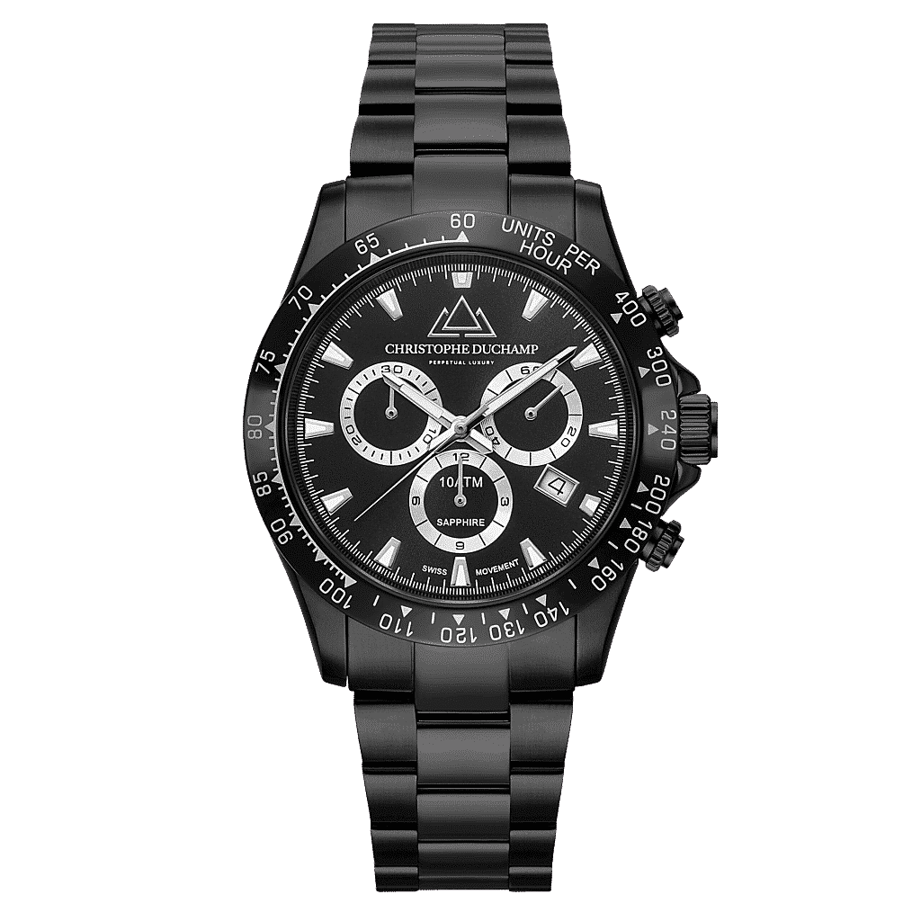 CHRISTOPHE DUCHAMP Swiss Quartz Chronograph 10ATM Black Dial Mens Watch with Stainless Steel Strap