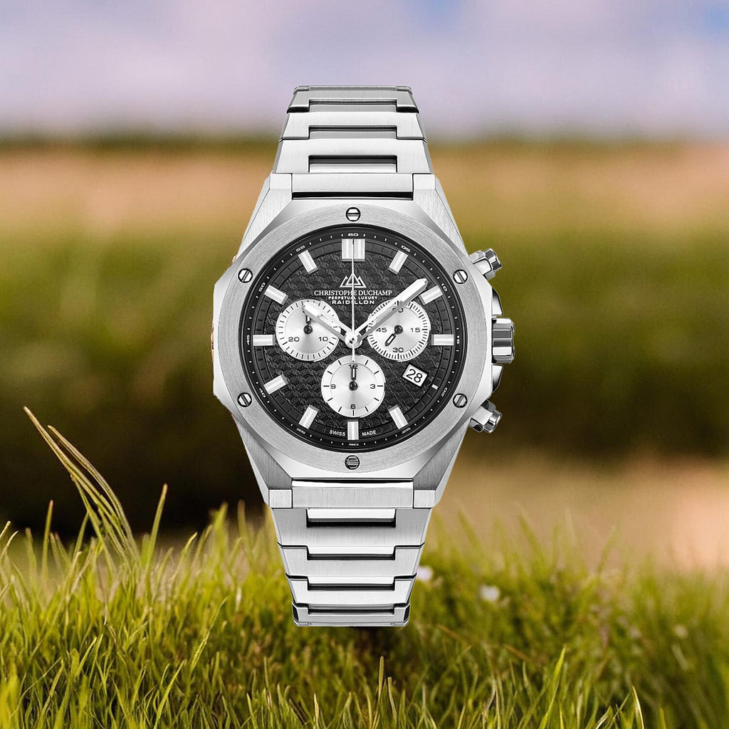 Christophe Duchamp Raidillon Chrono Swiss Quartz Movt. Black Dial 10 ATM WR Mens Watch with Stainless Steel Silver Chain Strap