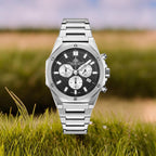Christophe Duchamp Raidillon Chrono Swiss Quartz Movt. Black Dial 10 ATM WR Mens Watch with Stainless Steel Silver Chain Strap