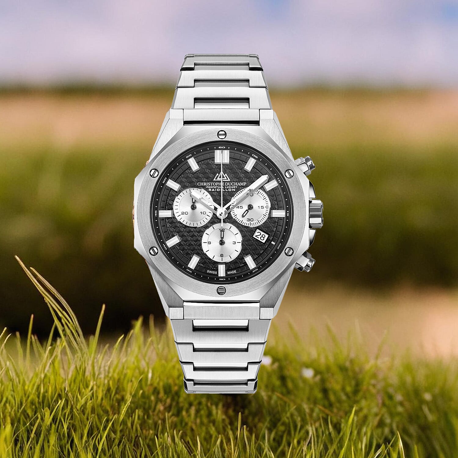Christophe Duchamp Raidillon Chrono Swiss Quartz Movt. Black Dial 10 ATM WR Mens Watch with Stainless Steel Silver Chain Strap