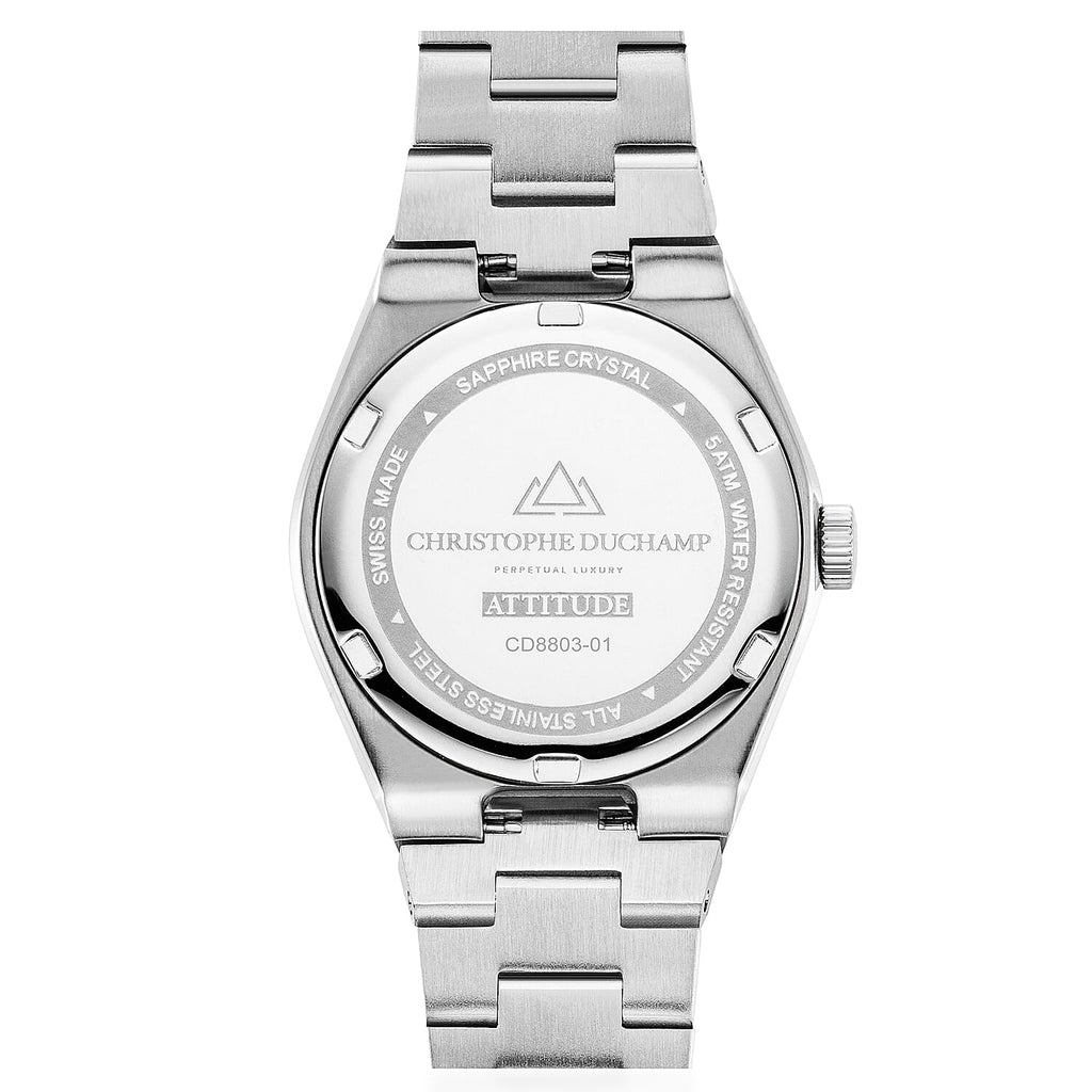 CHRISTOPHE DUCHAMP Attitude Double Diamond Swiss Quartz 5ATM WR Black Dial - Silver Case Ladies Watch with Silver Stainless Steel Strap