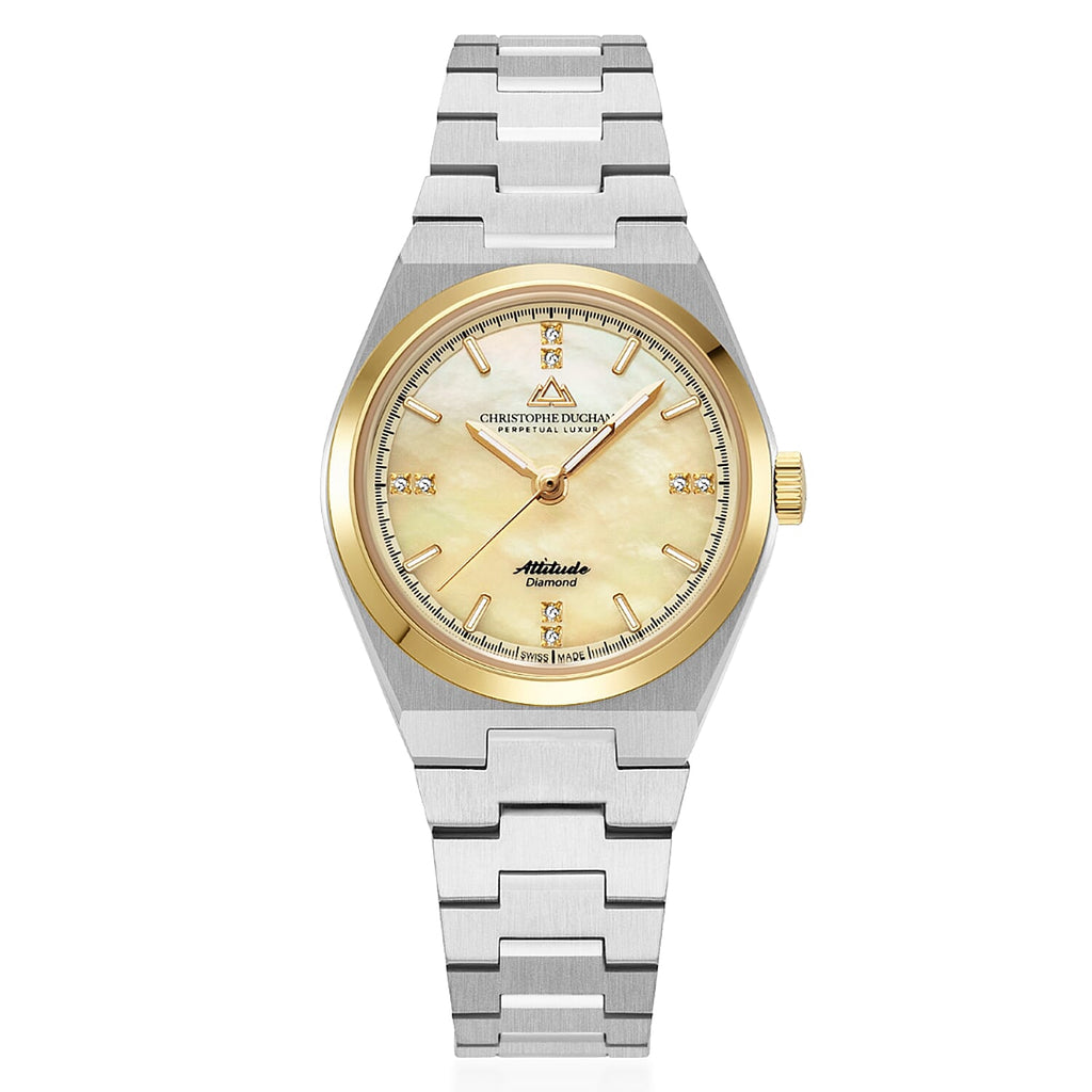 CHRISTOPHE DUCHAMP Attitude Double Diamond Swiss Quartz 5ATM WR Champagne Dial - Two-Tone Case Ladies Watch with Two-Tone Stainless Steel Strap