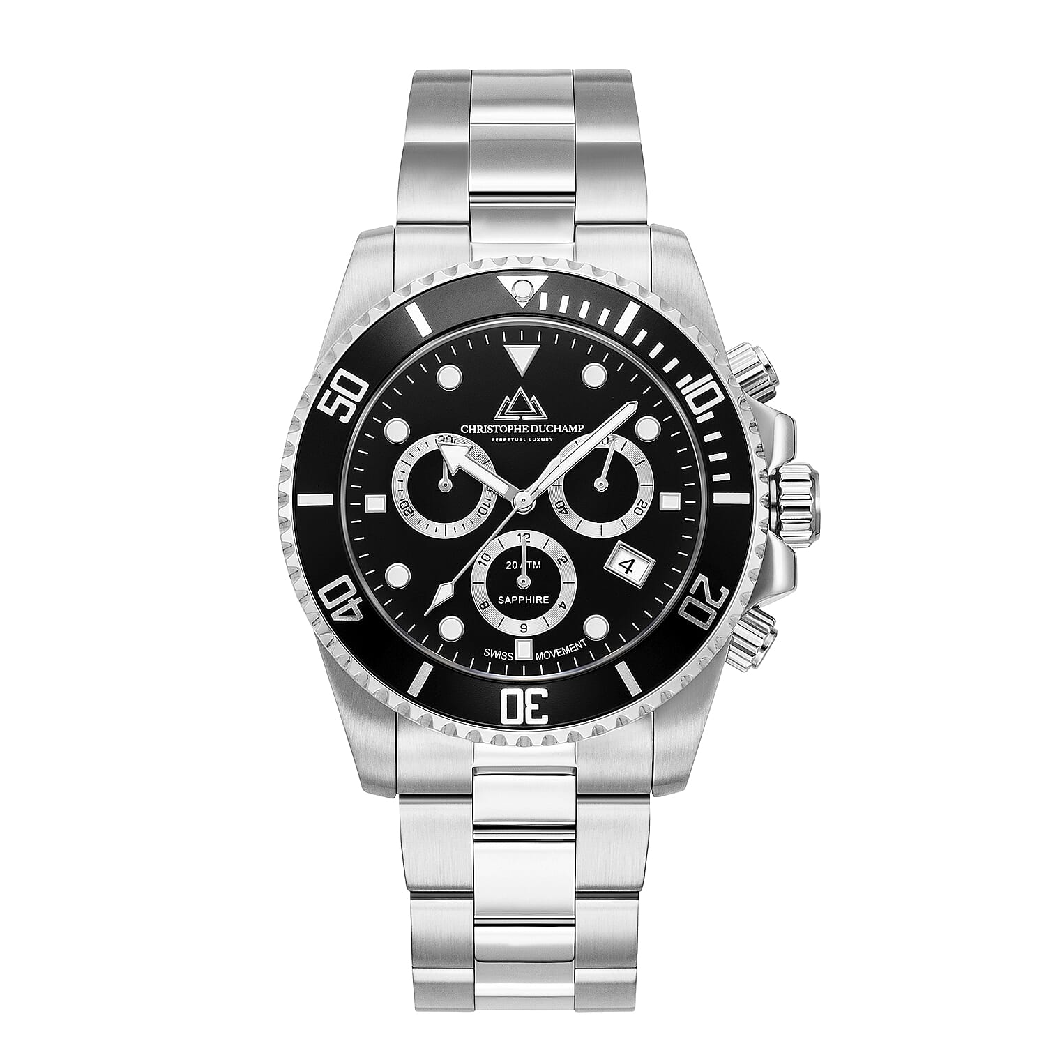 Christophe Duchamp Marine Chrono Swiss Movt. Crystal Studded Black Dial 20 ATM WR Watch with Silver Colour Stainless Steel Chain Strap