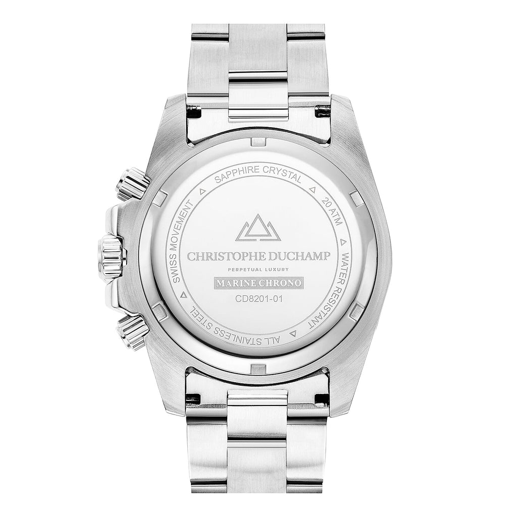 Christophe Duchamp Marine Chrono Swiss Movt. Crystal Studded Black Dial 20 ATM WR Watch with Silver Colour Stainless Steel Chain Strap