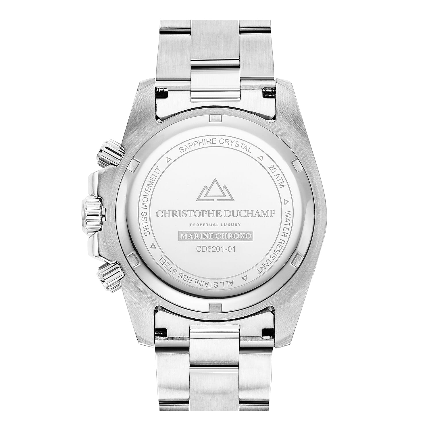 Christophe Duchamp Marine Chrono Swiss Movt. Crystal Studded Black Dial 20 ATM WR Watch with Silver Colour Stainless Steel Chain Strap