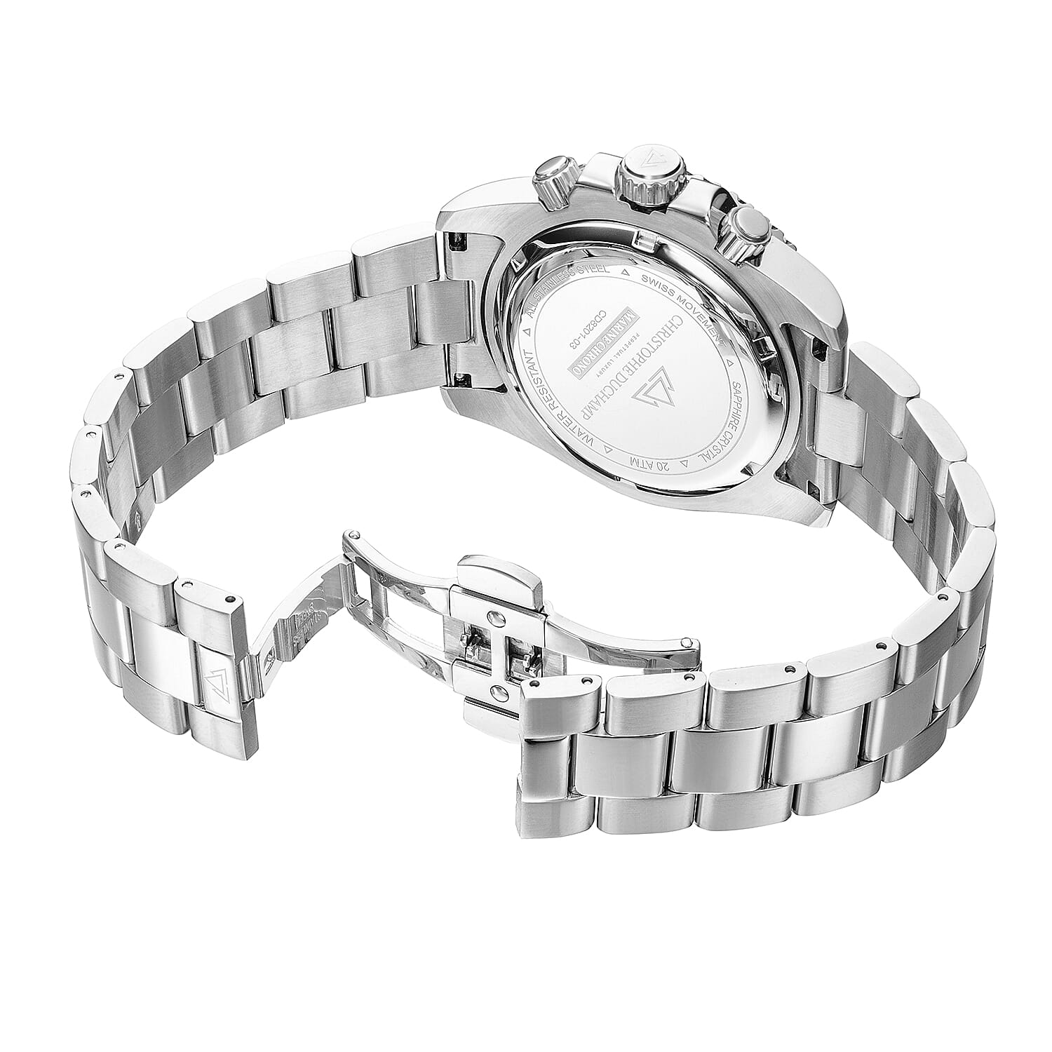 Christophe Duchamp Marine Chrono Swiss Movt. Crystal Studded Black Dial 20 ATM WR Watch with Silver Colour Stainless Steel Chain Strap