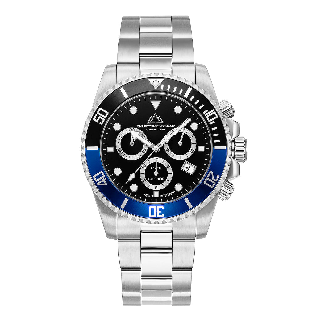 Christophe Duchamp Marine Chrono Swiss Movt. Crystal Studded Blue - Black Bezel 20 ATM WR Watch with Stainless Steel Chain Strap