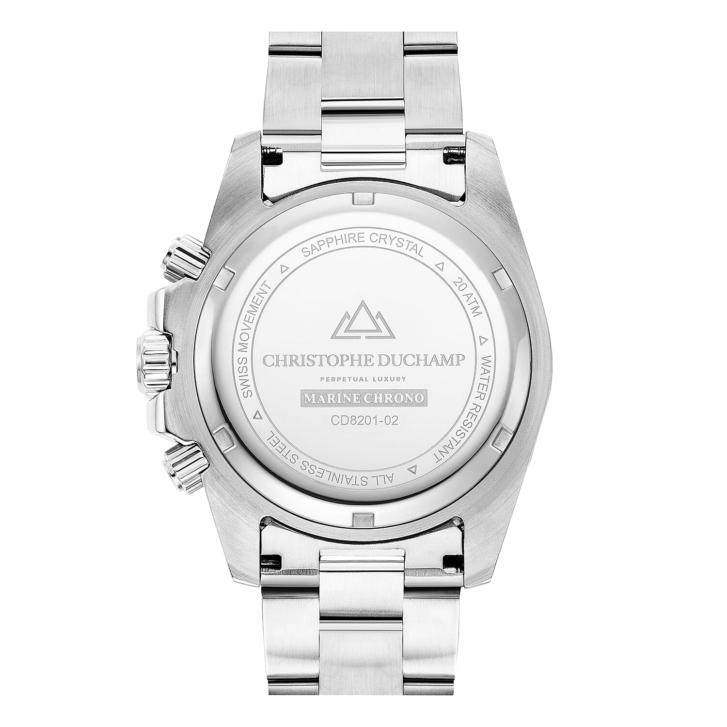 Christophe Duchamp Marine Chrono Swiss Movt. Crystal Studded Blue - Black Bezel 20 ATM WR Watch with Stainless Steel Chain Strap