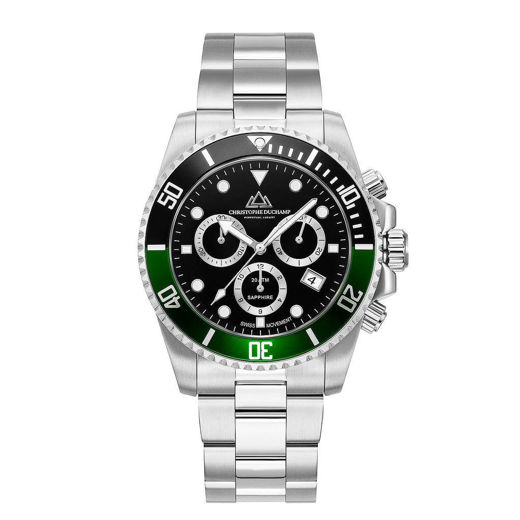 Christophe Duchamp Marine Chrono Swiss Movt. Crystal Studded Green - Black Bezel 20 ATM WR Watch with Stainless Steel Chain Strap