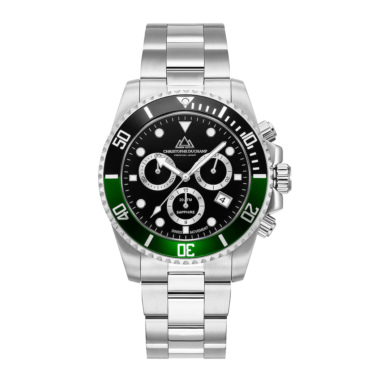 Christophe Duchamp Marine Chrono Swiss Movt. Green - Black Bezel 20 ATM WR Watch with Stainless Steel Chain Strap