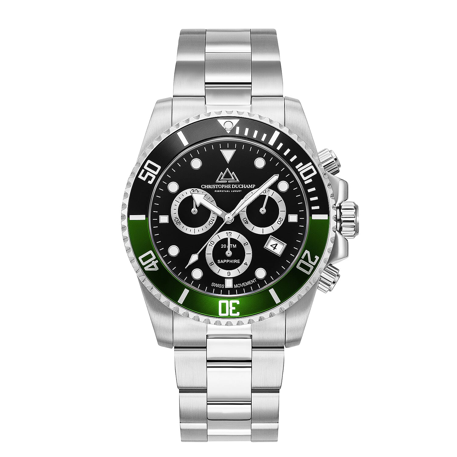 Christophe Duchamp Marine Chrono Swiss Movt. Crystal Studded Green - Black Bezel 20 ATM WR Watch with Stainless Steel Chain Strap