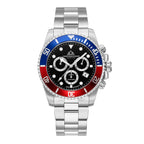 Christophe Duchamp Marine Chrono Swiss Movt. Crystal Studded Blue - Red Bezel 20 ATM WR Watch with Stainless Steel Chain Strap