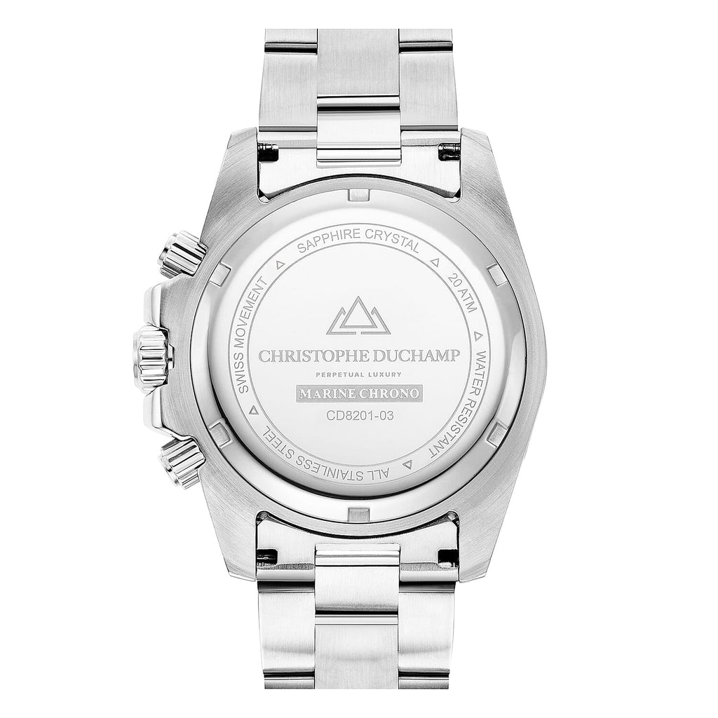 Christophe Duchamp Marine Chrono Swiss Movt. Crystal Studded Blue - Red Bezel 20 ATM WR Watch with Stainless Steel Chain Strap
