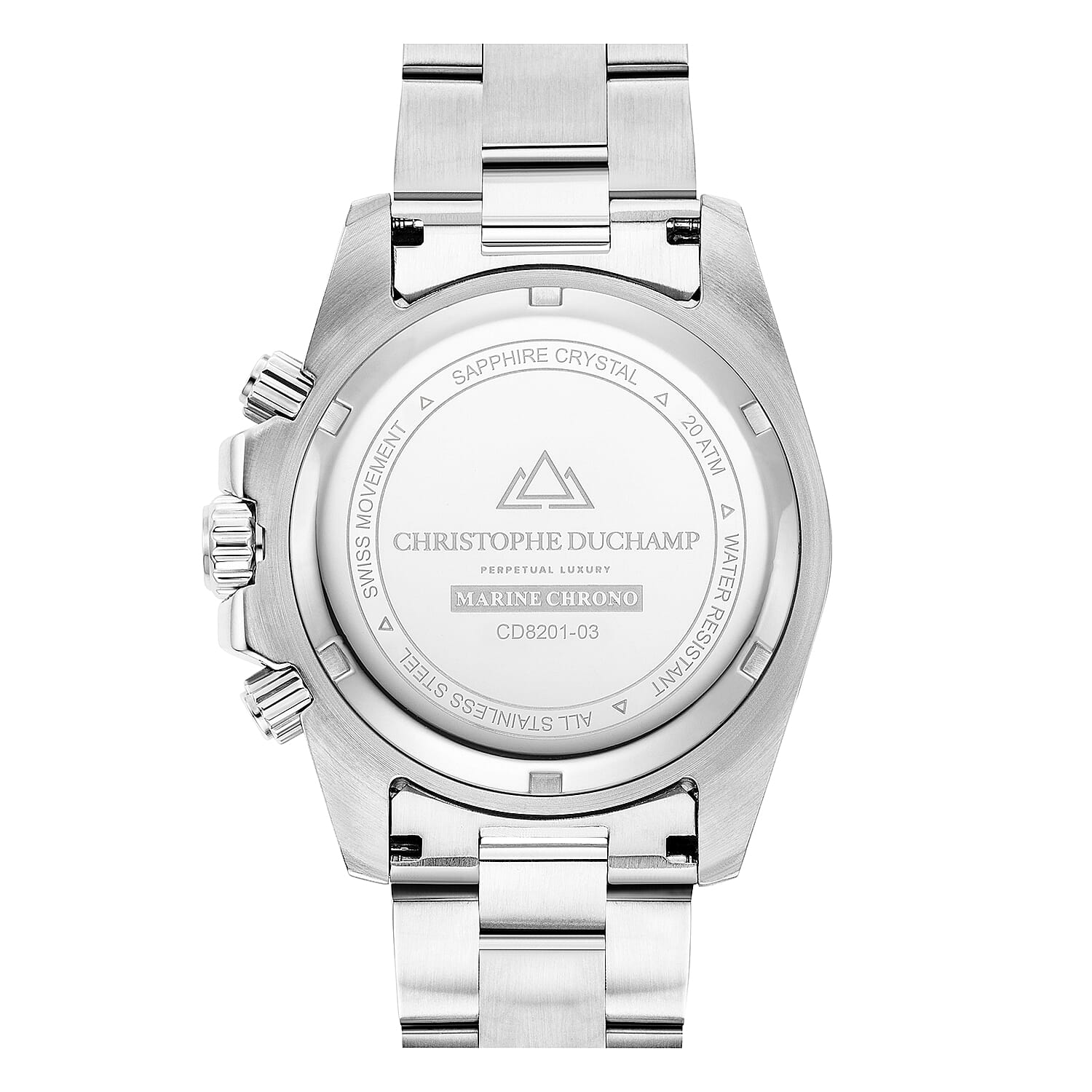 Christophe Duchamp Marine Chrono Swiss Movt. Crystal Studded Blue - Red Bezel 20 ATM WR Watch with Stainless Steel Chain Strap