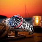 Christophe Duchamp Marine Chrono Swiss Movt. Crystal Studded Blue - Red Bezel 20 ATM WR Watch with Stainless Steel Chain Strap