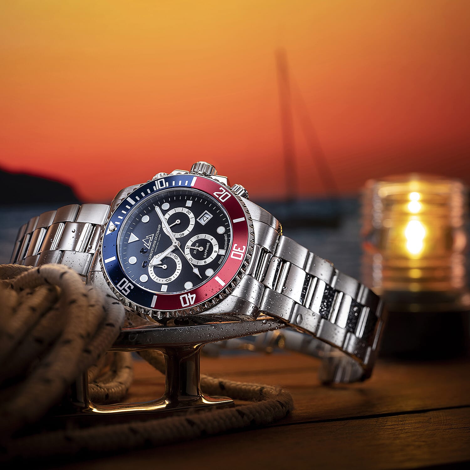 Christophe Duchamp Marine Chrono Swiss Movt. Crystal Studded Blue - Red Bezel 20 ATM WR Watch with Stainless Steel Chain Strap