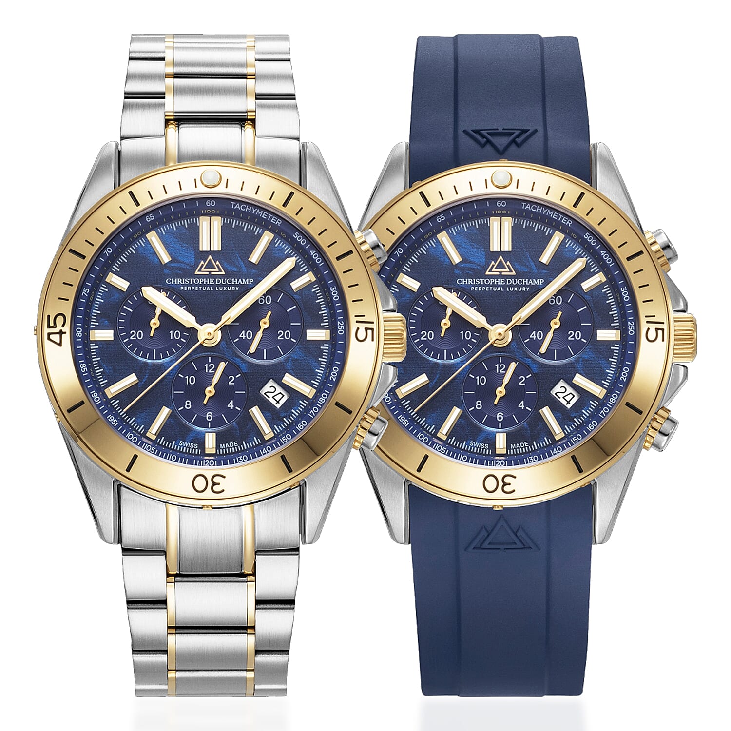 CHRISTOPHE DUCHAMP Stratos Swiss Quartz Chronograph 20ATM WR Blue Dial - Two-Tone Case Mens Watch with Stainless Steel Bracelet - Additional Silicone Strap