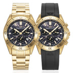 CHRISTOPHE DUCHAMP Stratos Swiss Quartz Chronograph 20ATM WR Black Dial - Gold Case Mens Watch with Stainless Steel Bracelet - Additional Silicone Strap