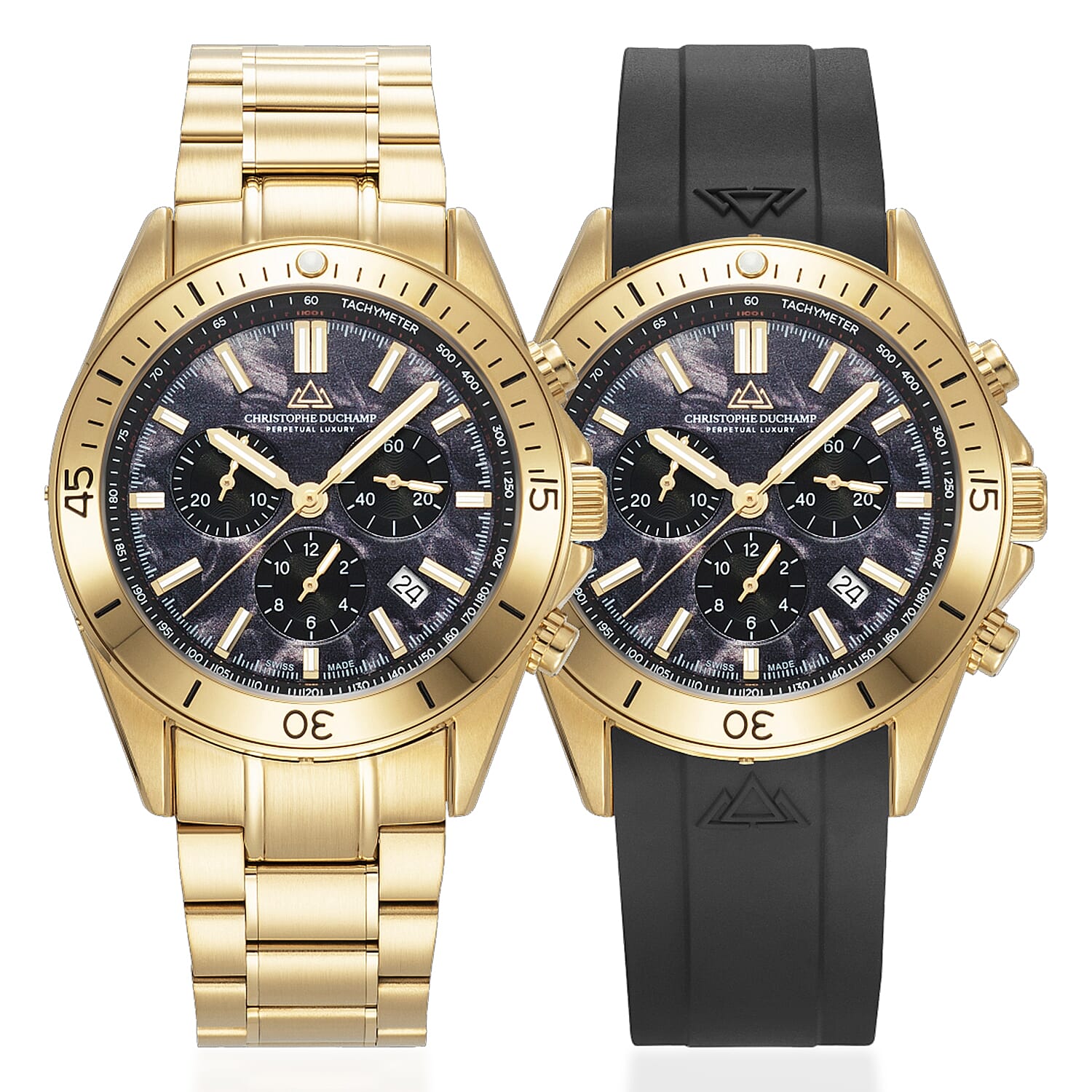 CHRISTOPHE DUCHAMP Stratos Swiss Quartz Chronograph 20ATM WR Black Dial - Gold Case Mens Watch with Stainless Steel Bracelet - Additional Silicone Strap
