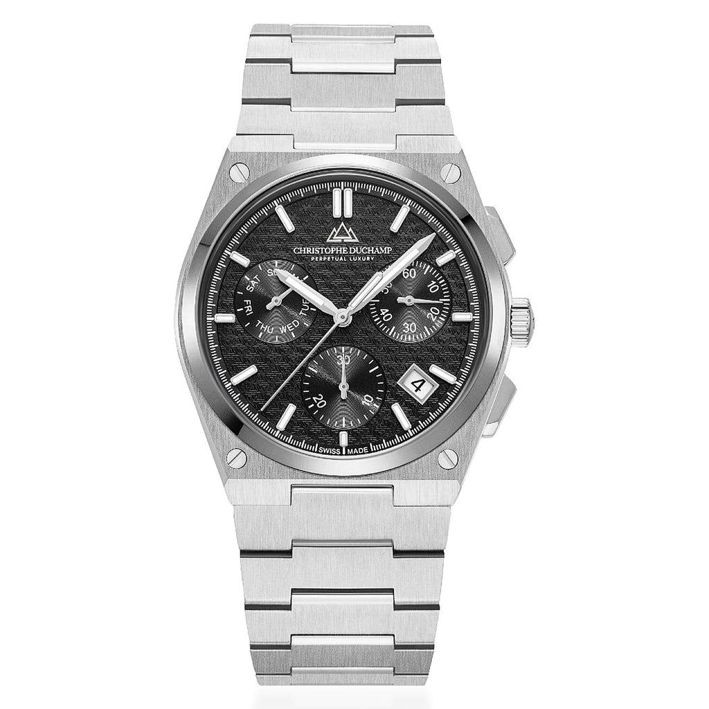 CHRISTOPHE DUCHAMP Attitude Chrono Swiss Quartz 10ATM WR Black Dial - Silver Case Mens Watch with Silver Stainless Steel Chain Strap