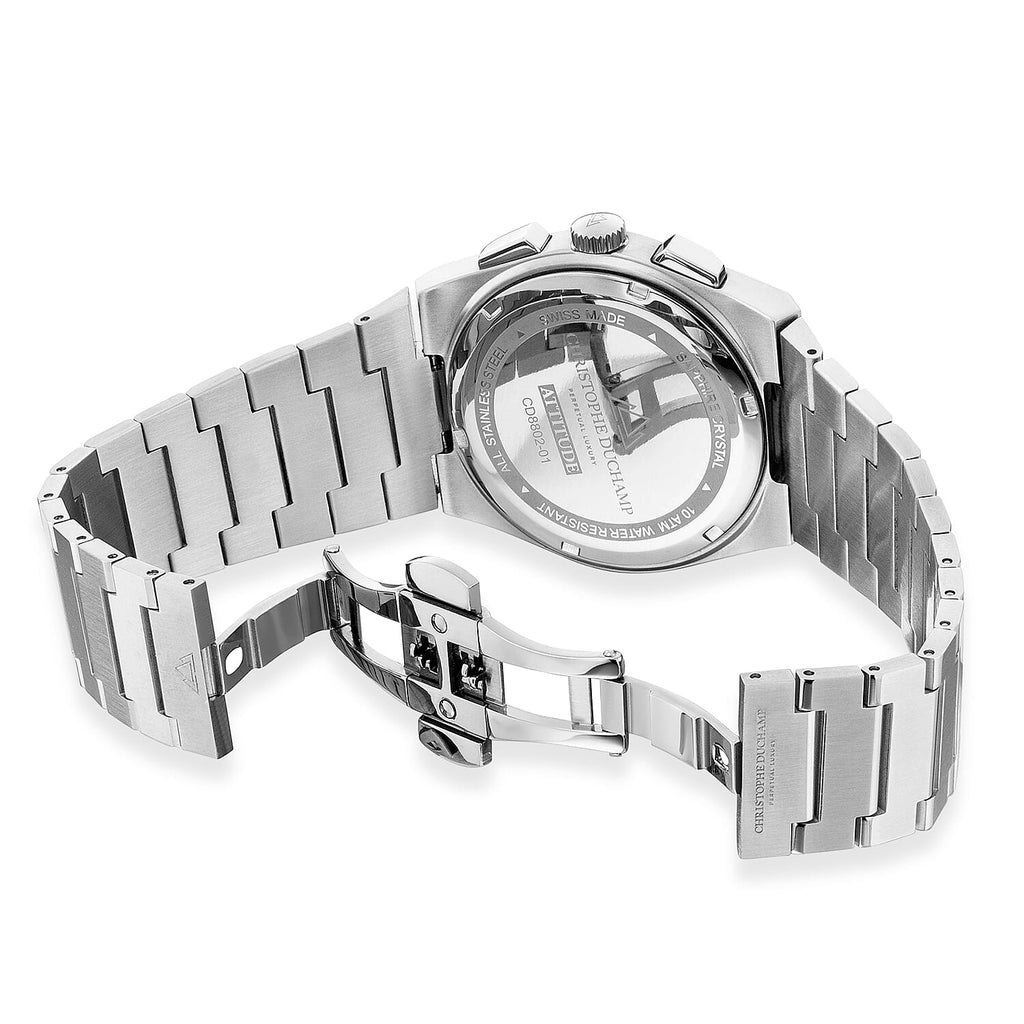 CHRISTOPHE DUCHAMP Attitude Chrono Swiss Quartz 10ATM WR Black Dial - Silver Case Mens Watch with Silver Stainless Steel Chain Strap