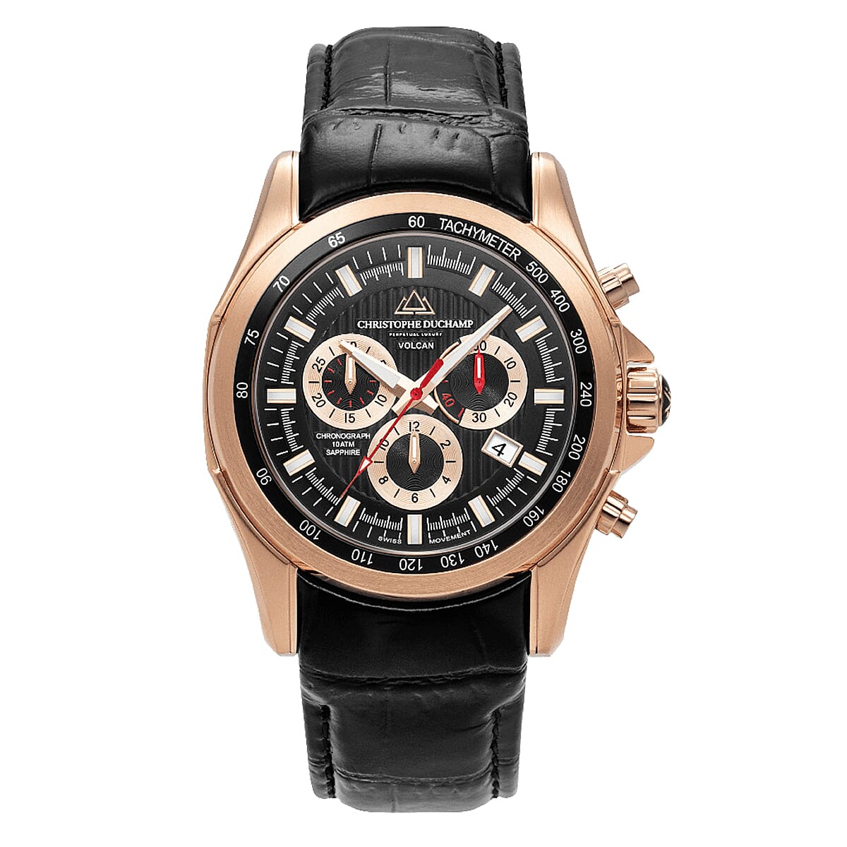 Christophe Duchamp Volcan Swiss Movt. 10ATM Black Dial Mens Watch with Black Leather Strap Rose Gold