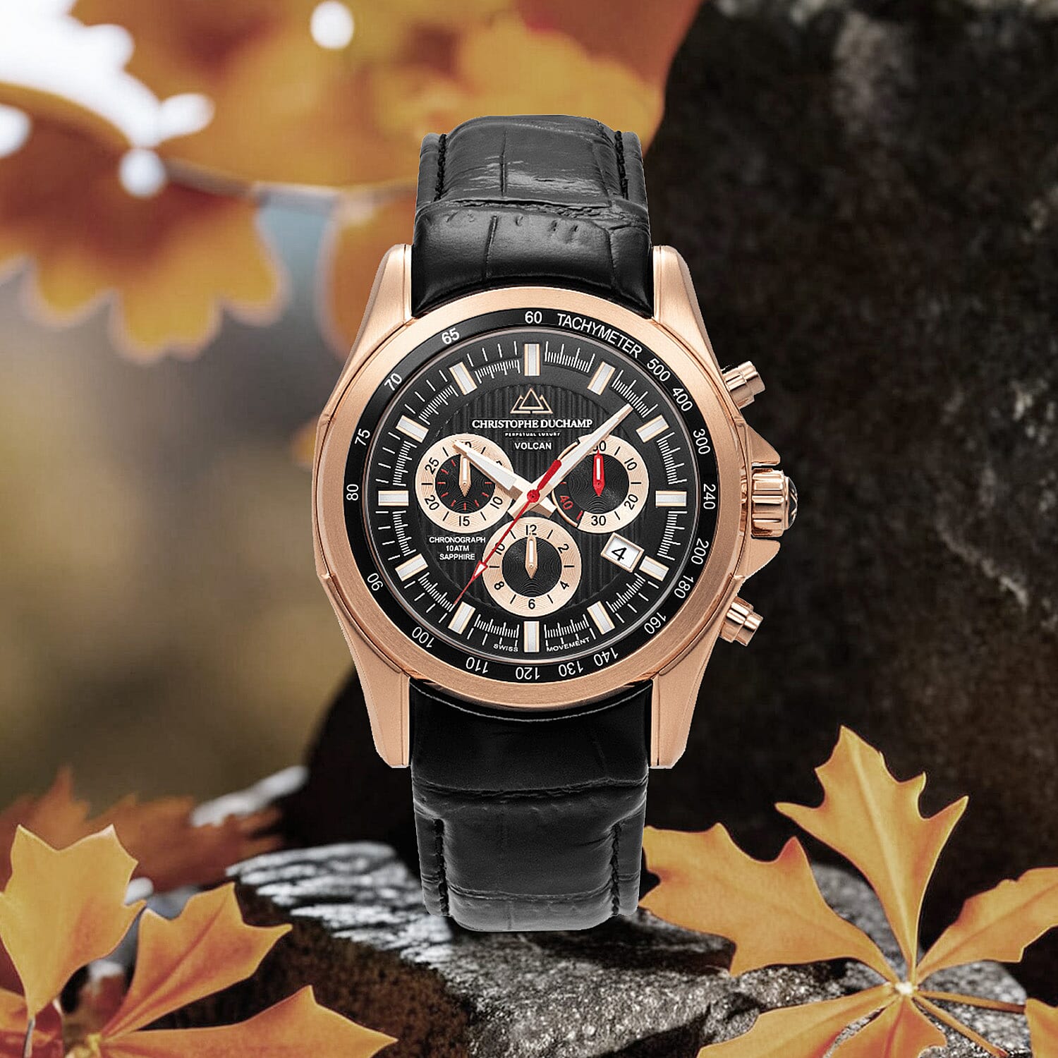 Christophe Duchamp Volcan Swiss Movt. 10ATM Black Dial Mens Watch with Black Leather Strap Rose Gold