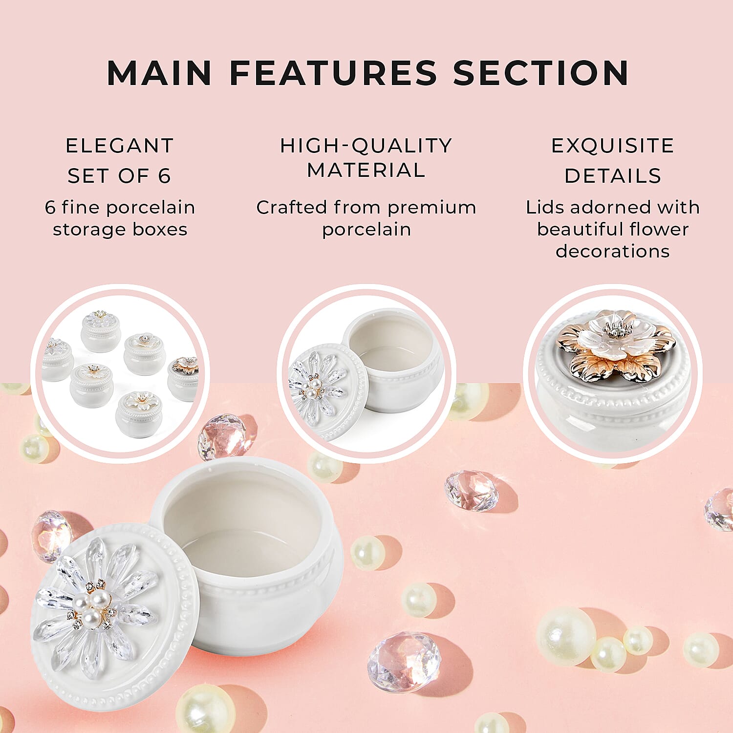 6 Pieces Fine Porcelain Circular Containers with Floral Lids