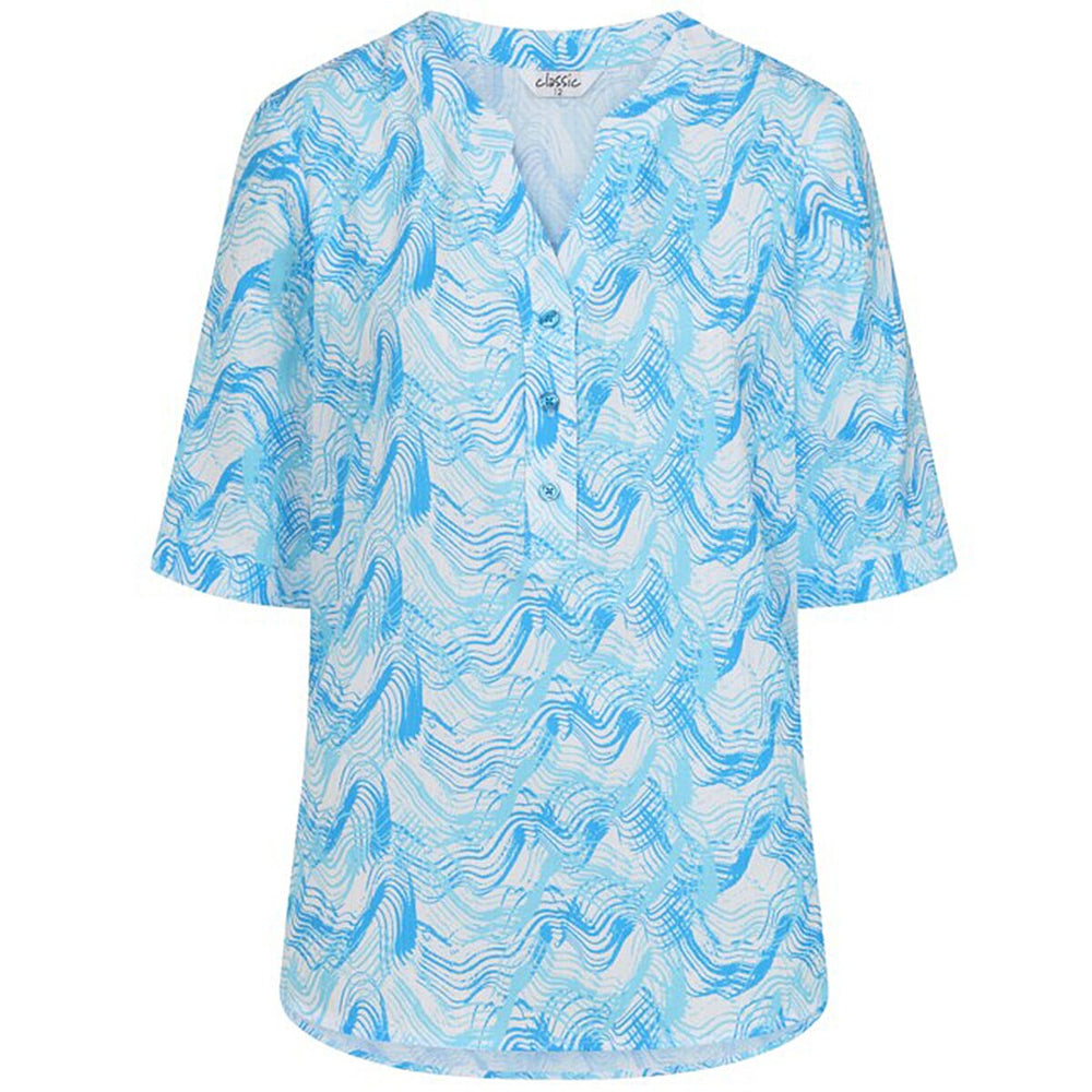 Classic Abstract Print 3 Button Blouse (Size 12) - Light Blue