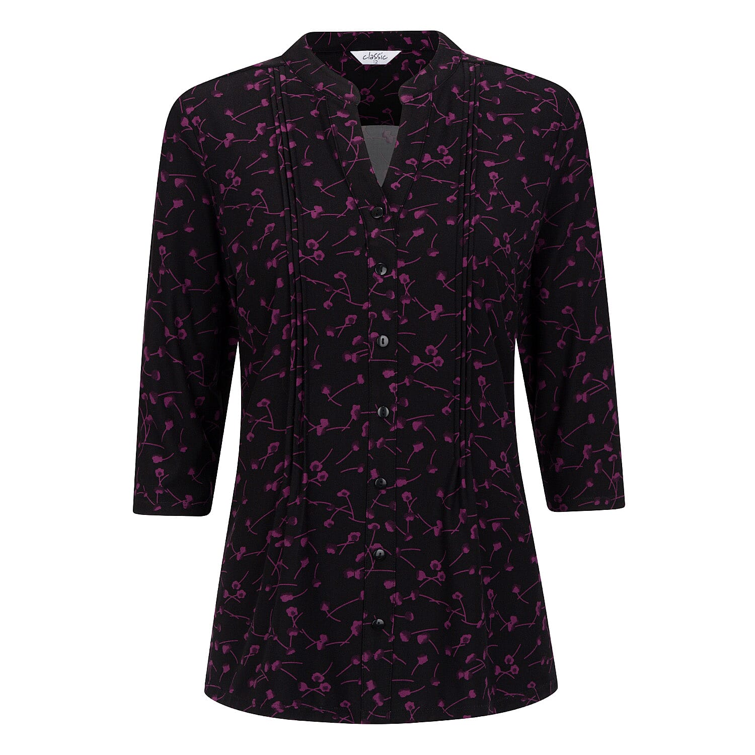 Classic Pintuck Mandarin Collar Bloue (Size 16) - Black & Purple
