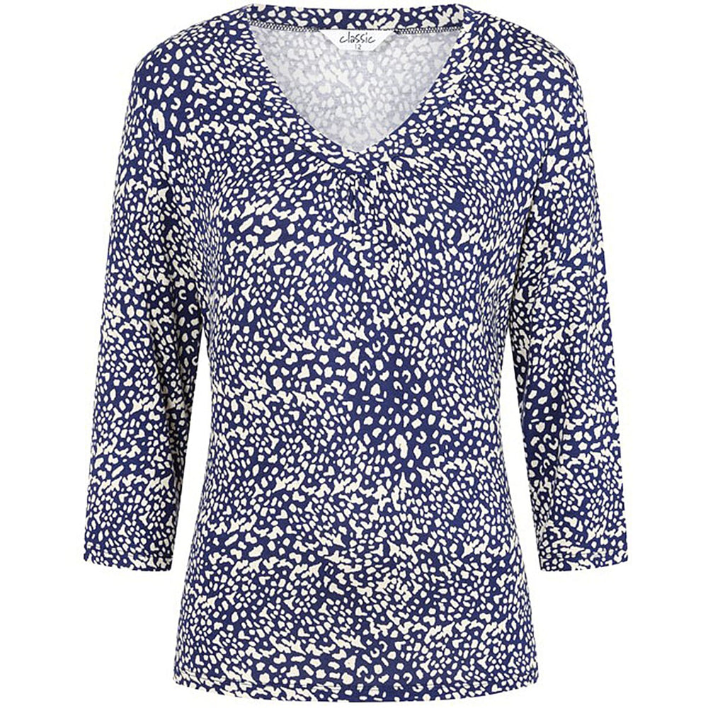 Classic Abstract Print V-Neck Top with 3-4 Sleeves (Size 10) - Navy - White