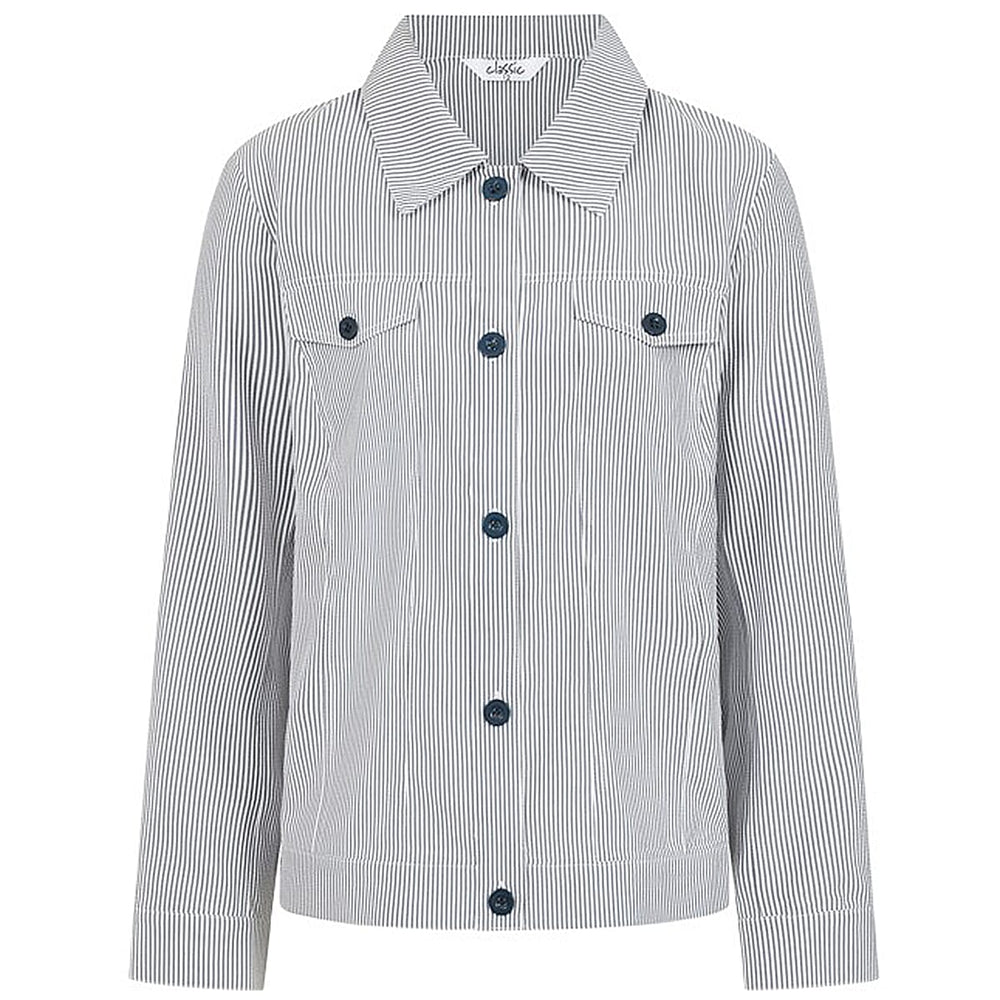 Classic Seersucker Button-Front Striped Jacket (Size 12) - Navy