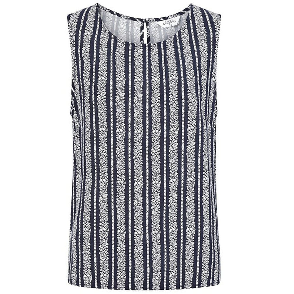 Classic Striped Spun Viscose Sleeveless Top with Keyhole Back (Size 12) - Navy