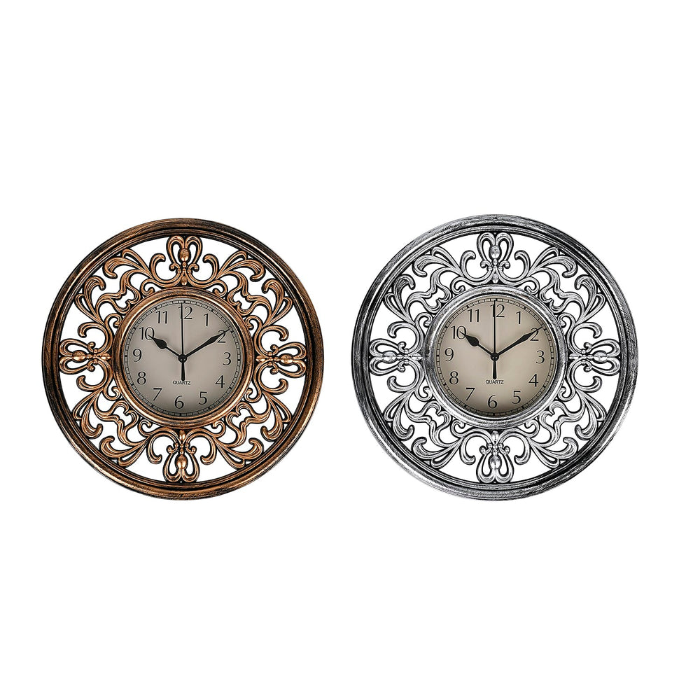 Set of 2 Round Retro Design Analog Wall Clock - Brown & Silver - Fluerdilis