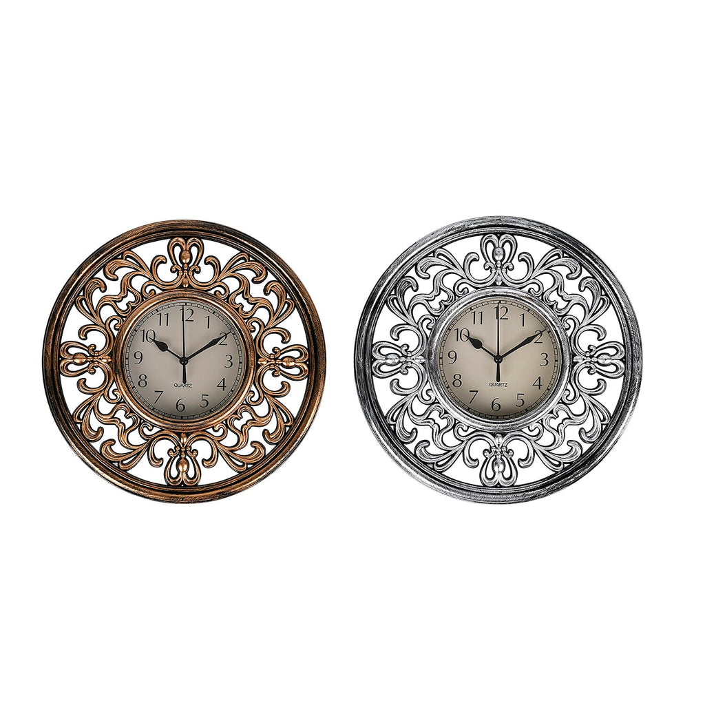 Set of 2 Round Retro Design Analog Wall Clock - Brown & Silver - Fluerdilis