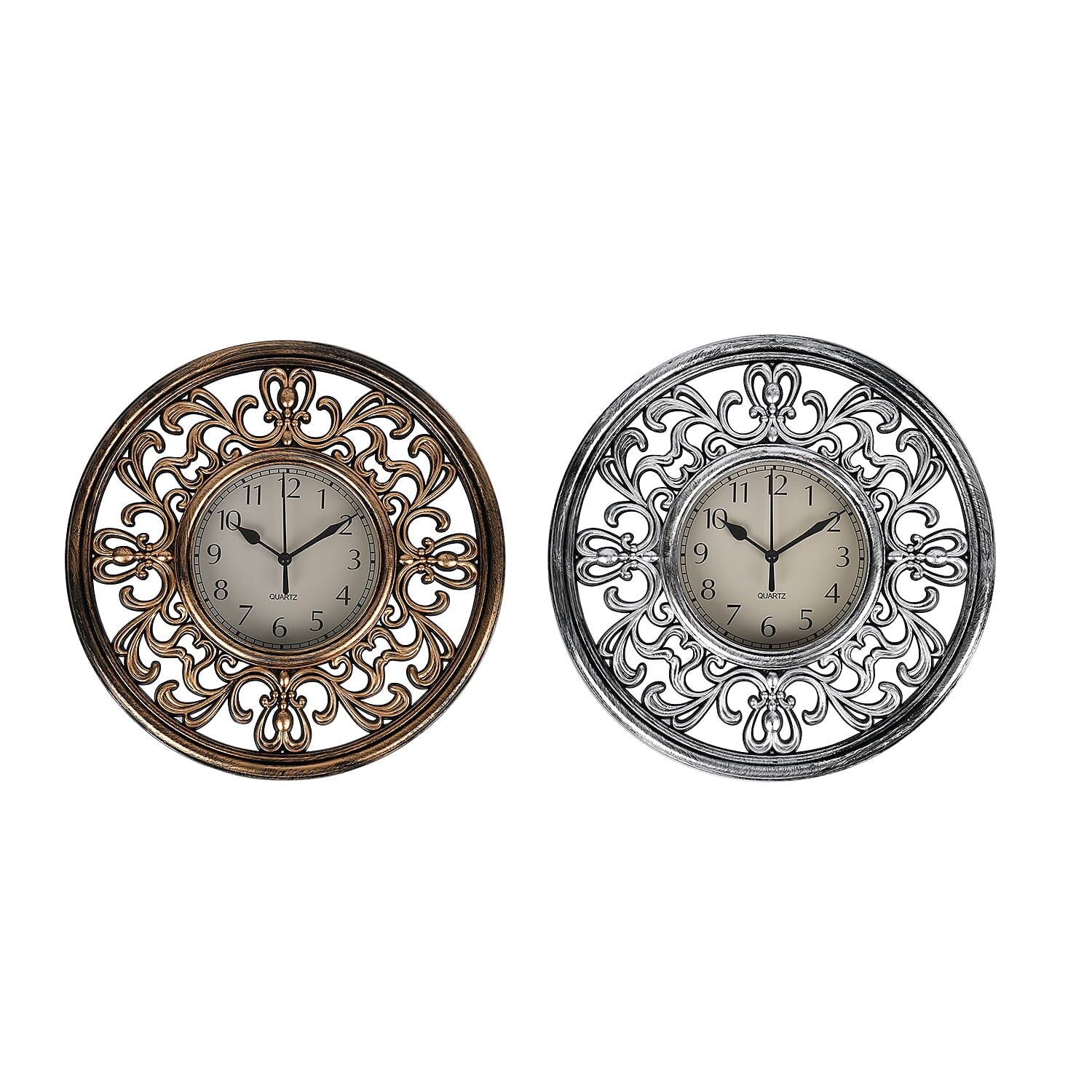 Set of 2 Round Retro Design Analog Wall Clock - Brown & Silver - Fluerdilis
