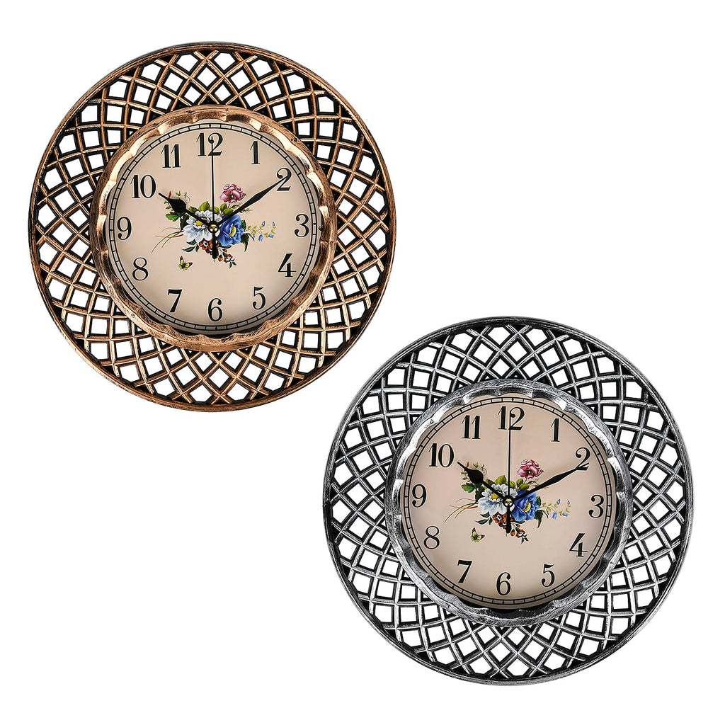 Set of 2 Round Retro Design Analog Wall Clock - Gold & Silver - Lattice