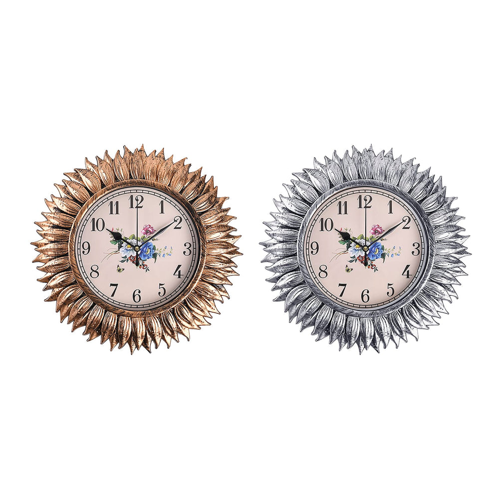 Set of 2 Round Floral Design Analog Wall Clock - Gold & Silver - Sunflower