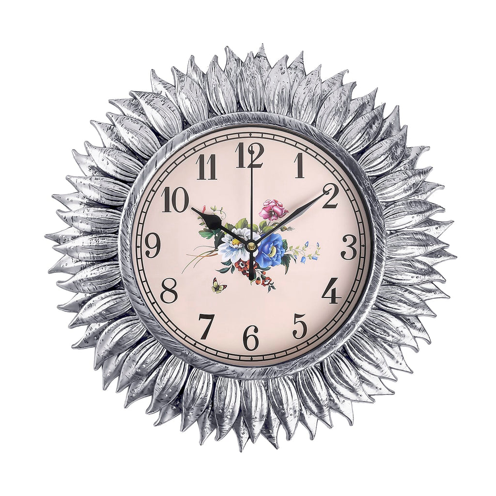 Set of 2 Round Sunflower Design Analog Wall Clocks - Gold and Silver ...