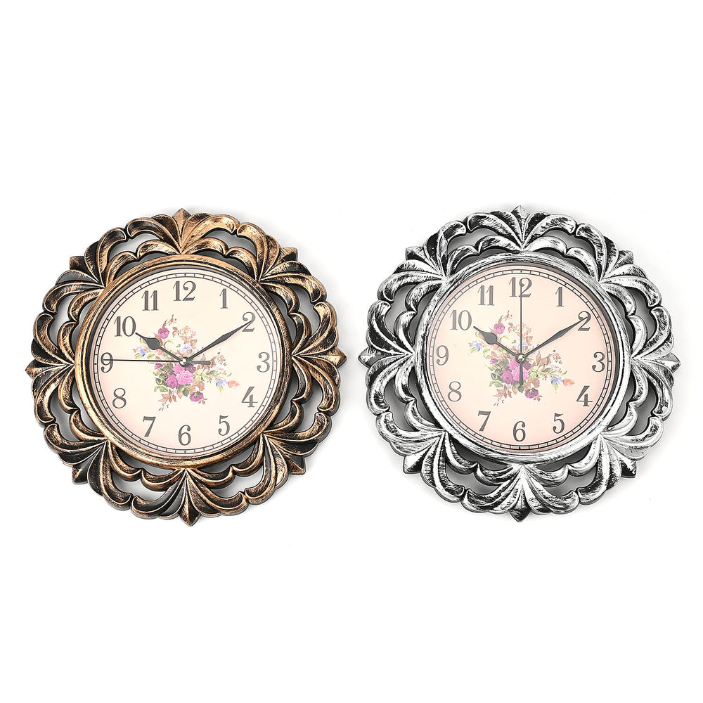 Set of 2 Round Vintage Design Analog Wall Clock - Bronze & Silver - Bronze