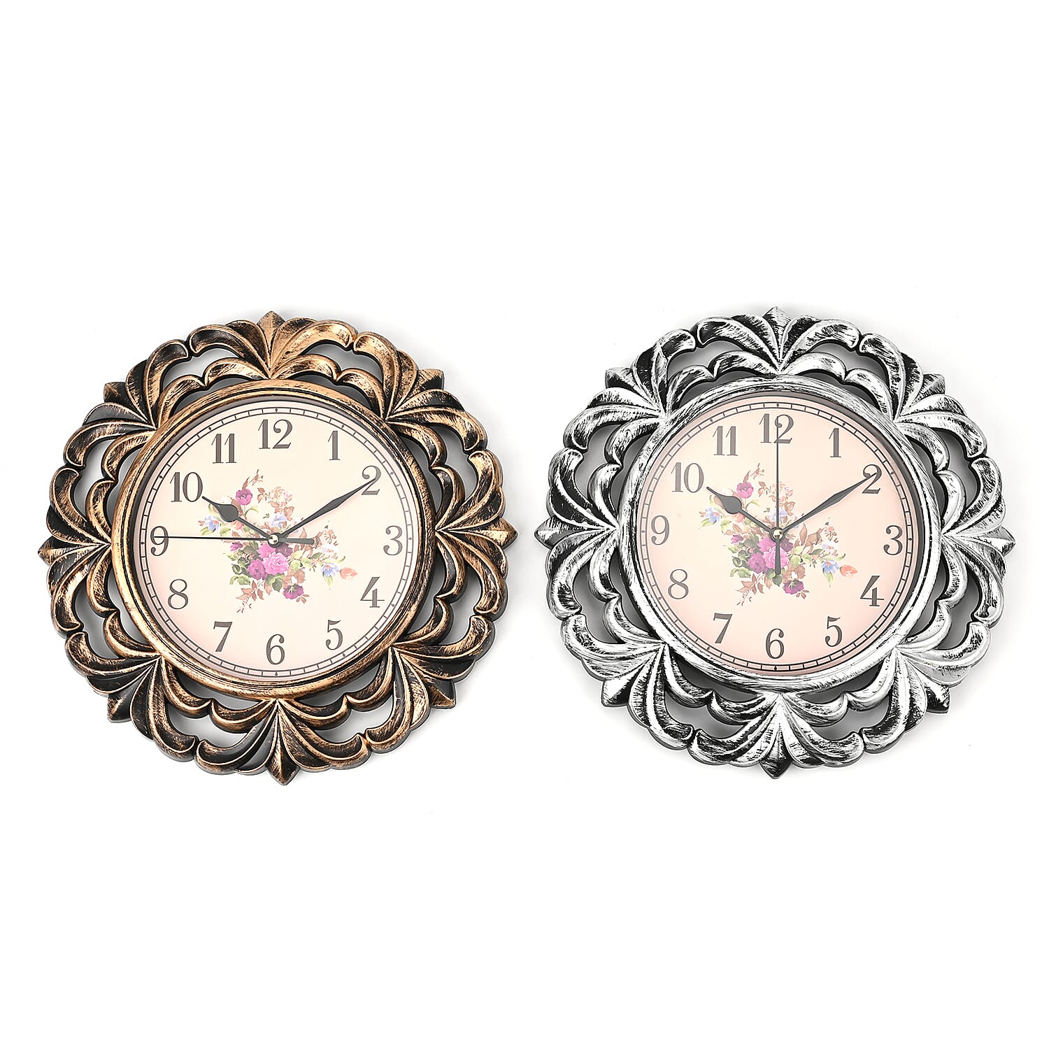 Set of 2 Round Vintage Design Analog Wall Clock - Bronze & Silver - Bronze
