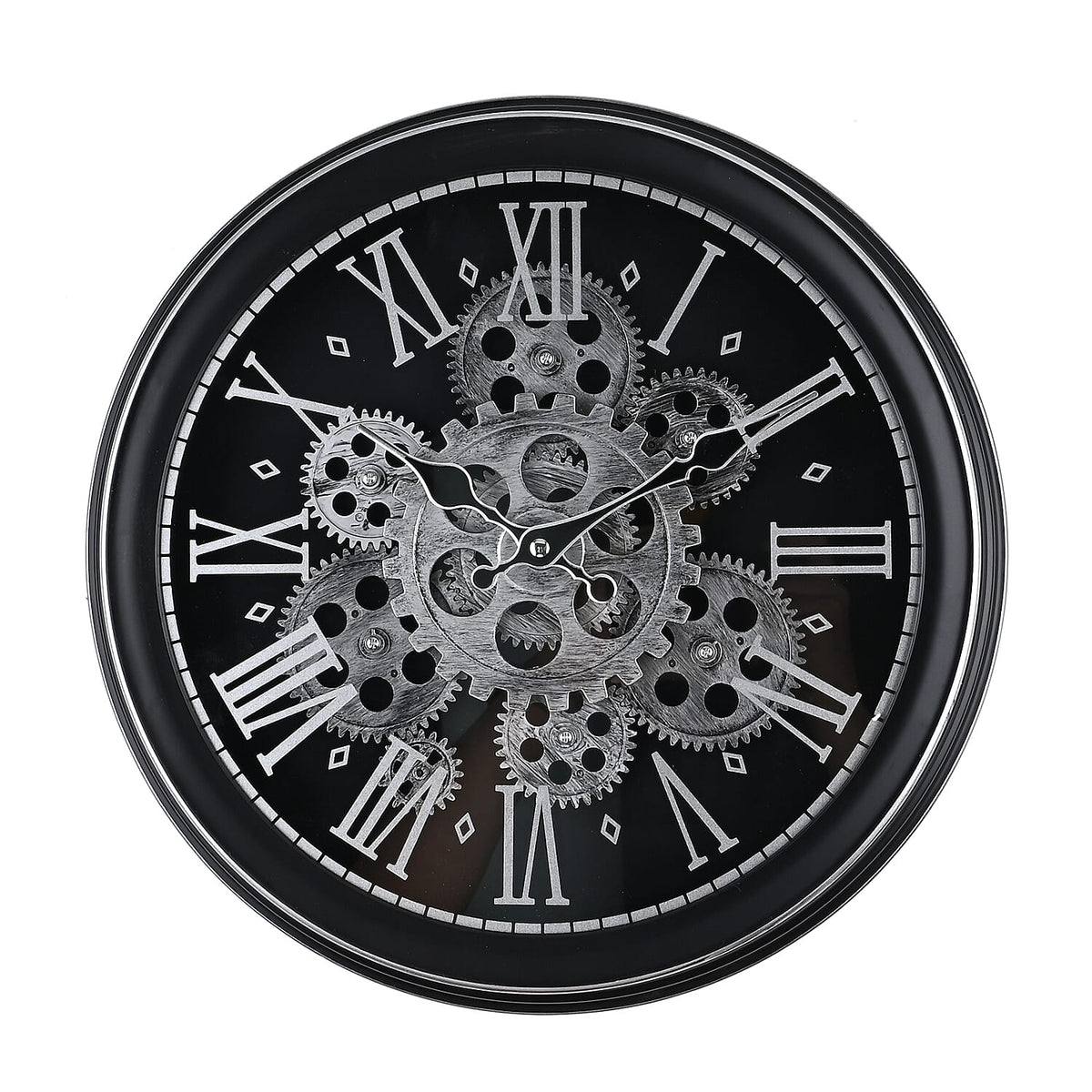 Retro Gear Wall Clock with Roman Numerals - Black - Silver