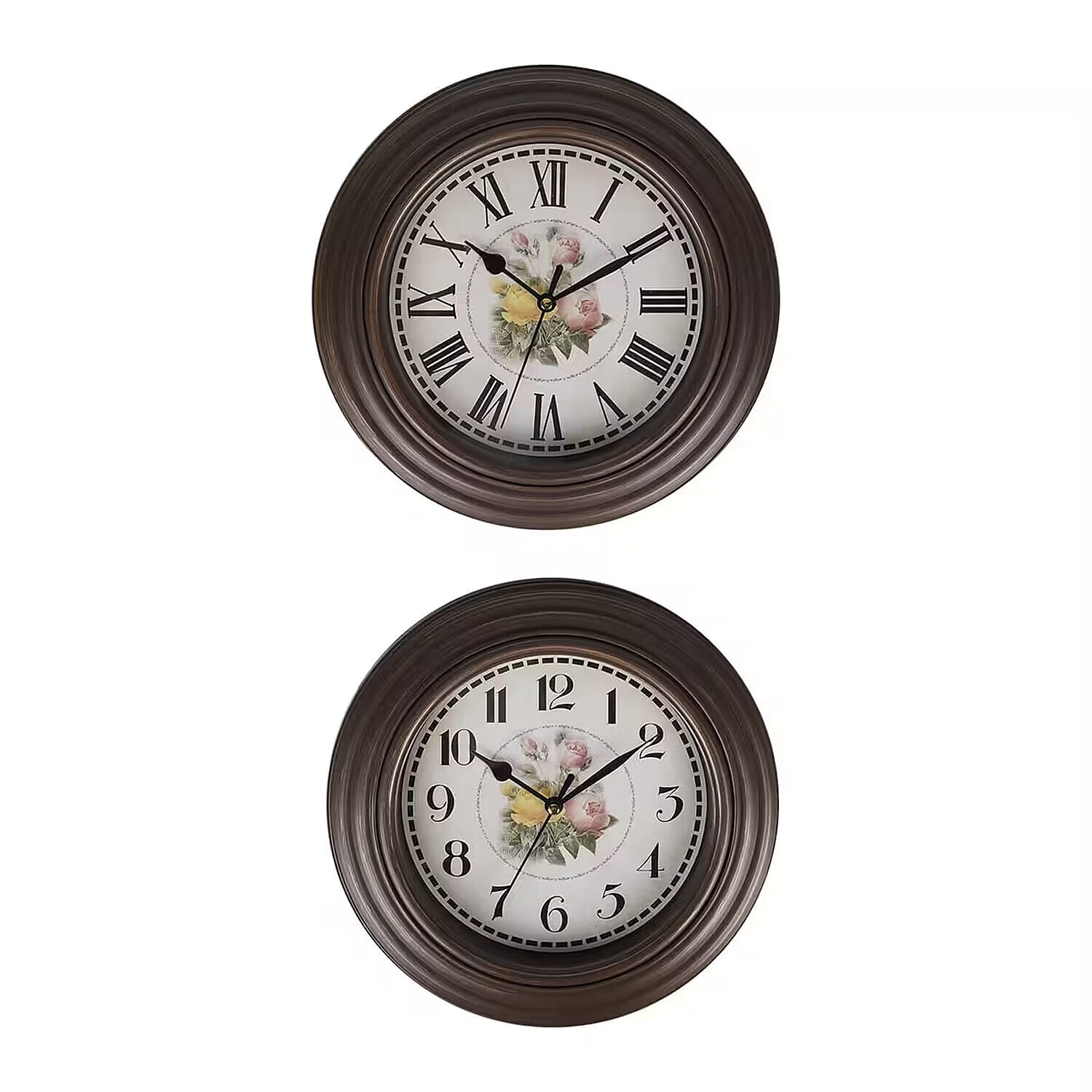 Set of 2 - Analog Floral Theme Rose Wall Clock - Brown