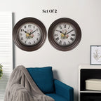 Set of 2 - Analog Floral Theme Rose Wall Clock - Brown