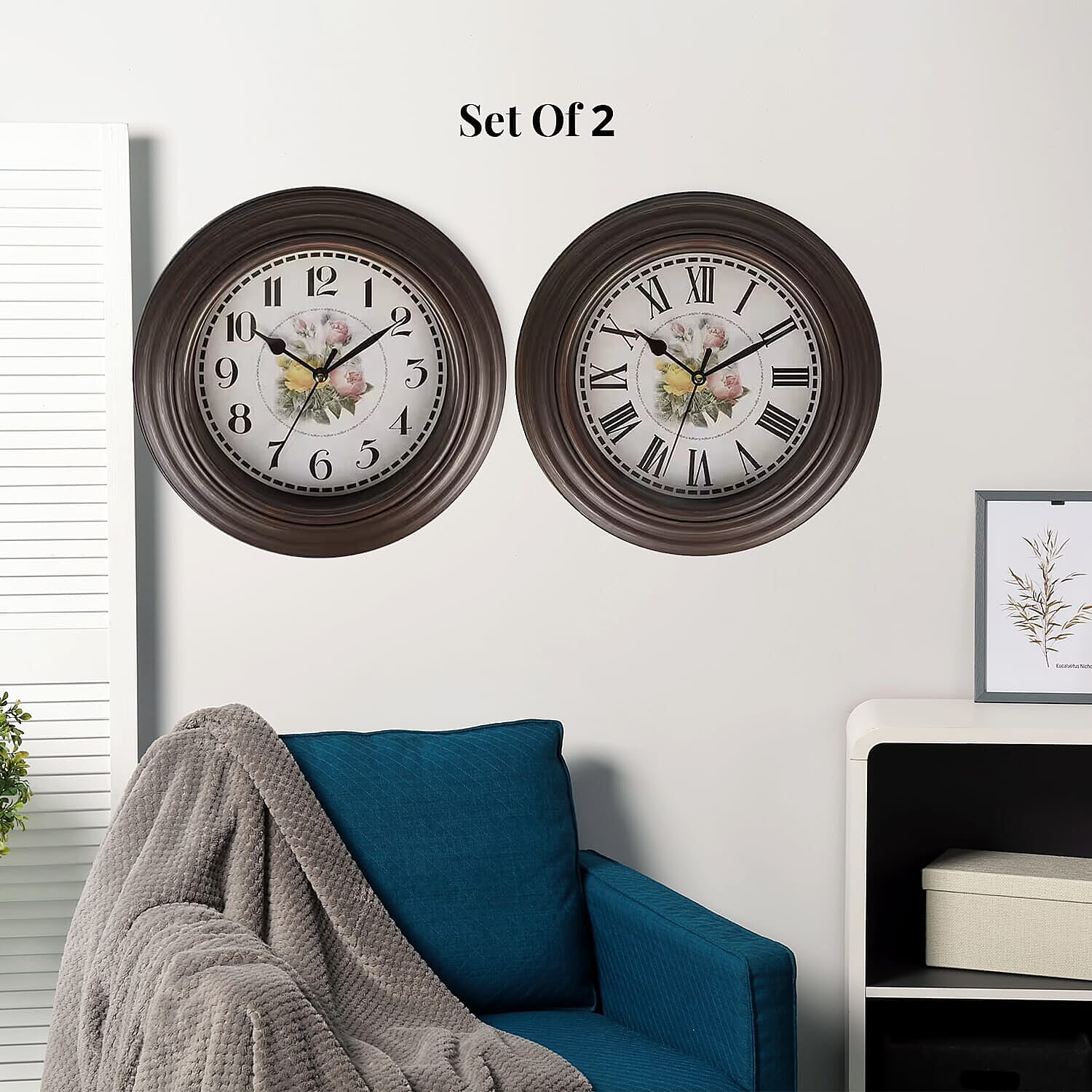 Set of 2 - Analog Floral Theme Rose Wall Clock - Brown