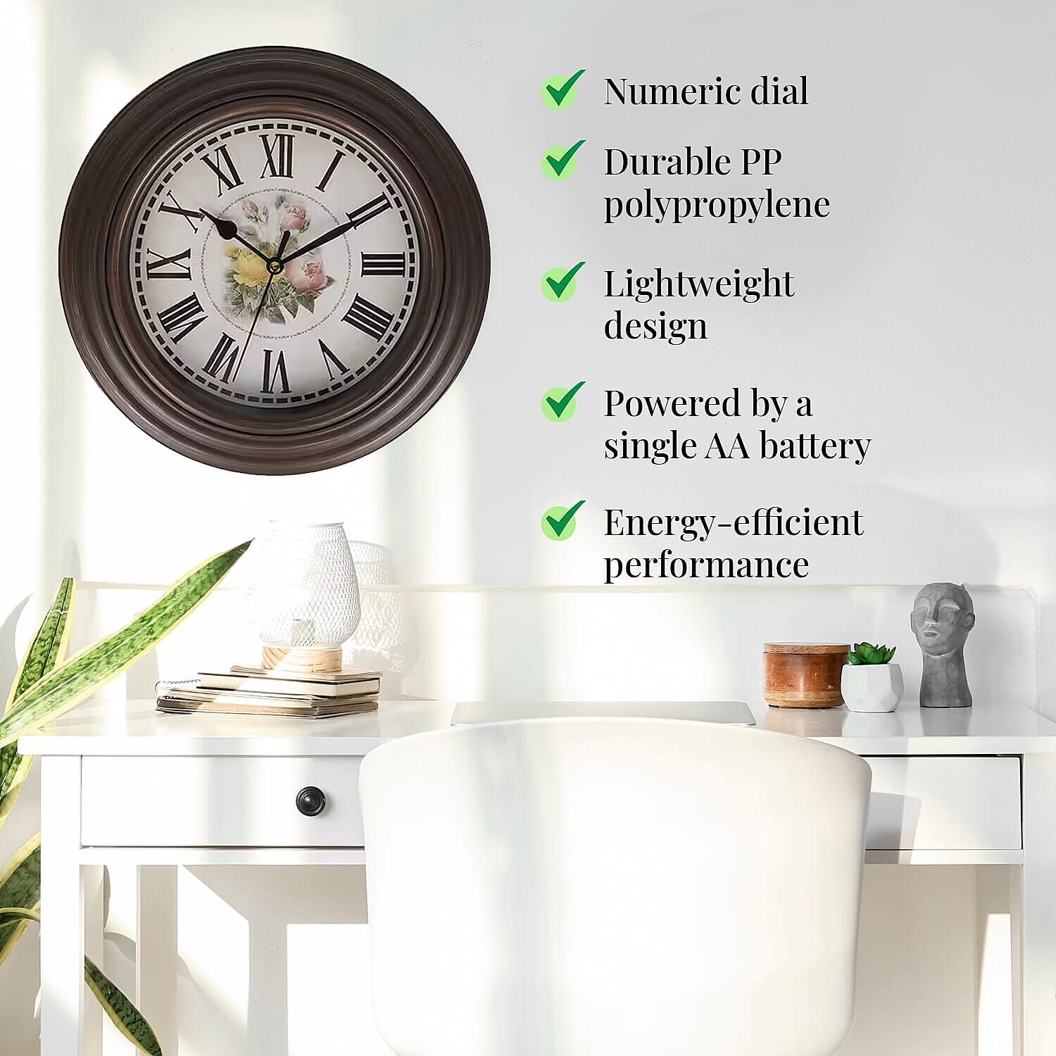 Set of 2 - Analog Floral Theme Rose Wall Clock - Brown